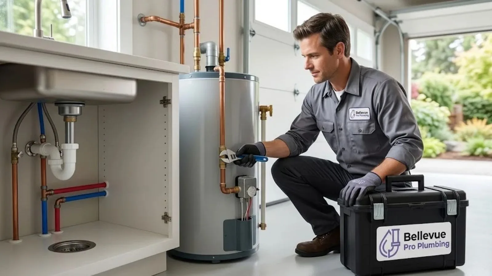 Licensed plumber repairing a water heater in a Bellevue, WA home