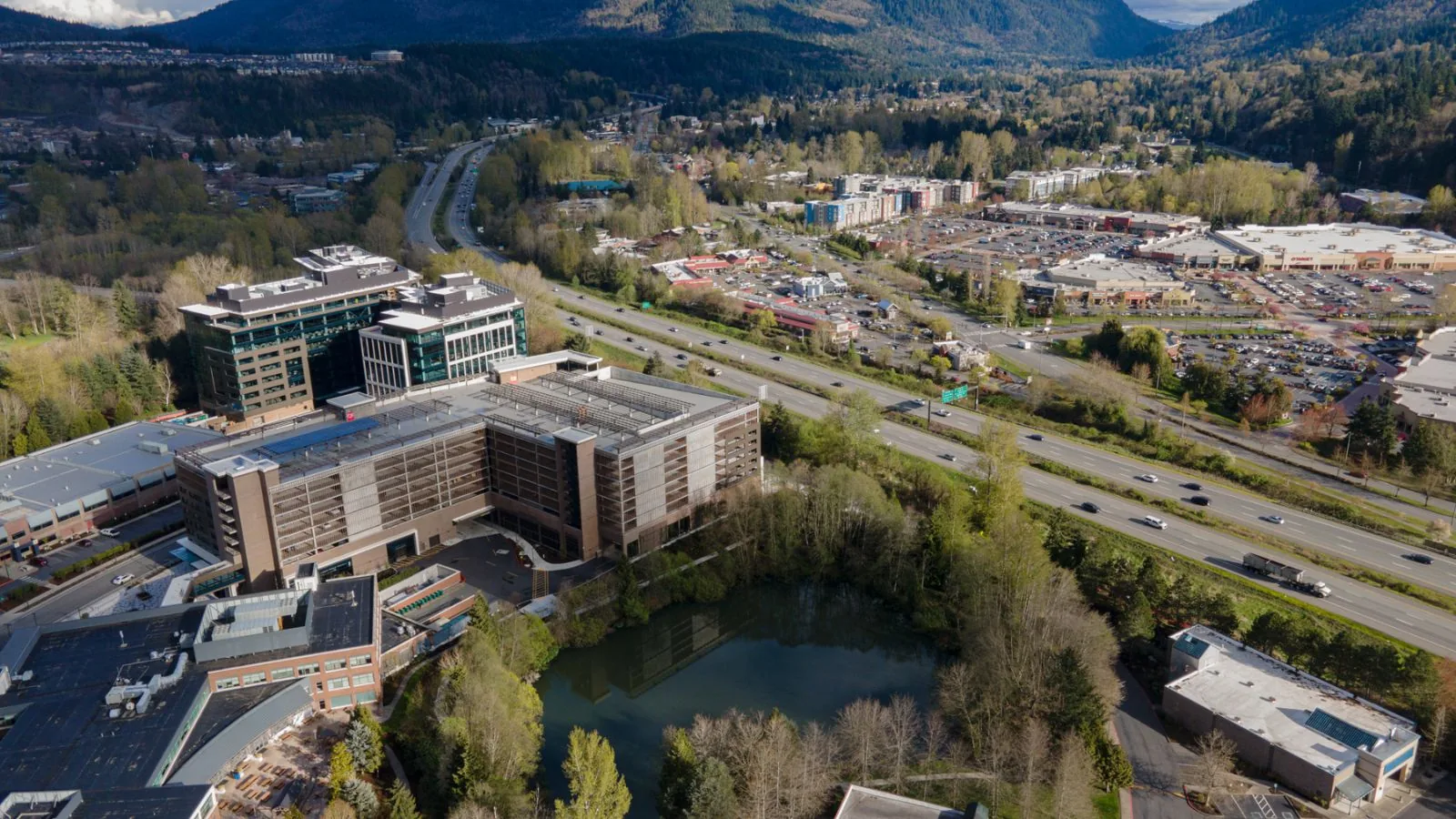 Aerial view of the Issaquah, WA area along I-90