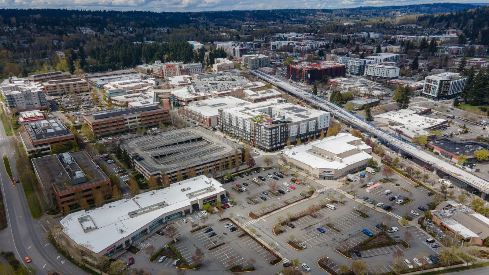 Aerial view of downtown Redmond, WA near the Microsoft campus