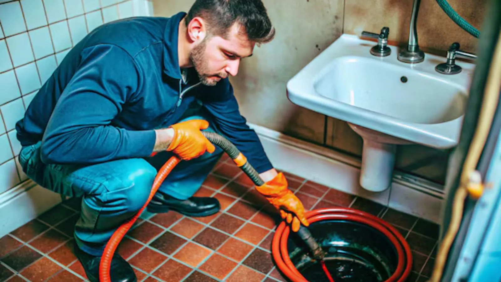 Plumber clearing a clogged drain