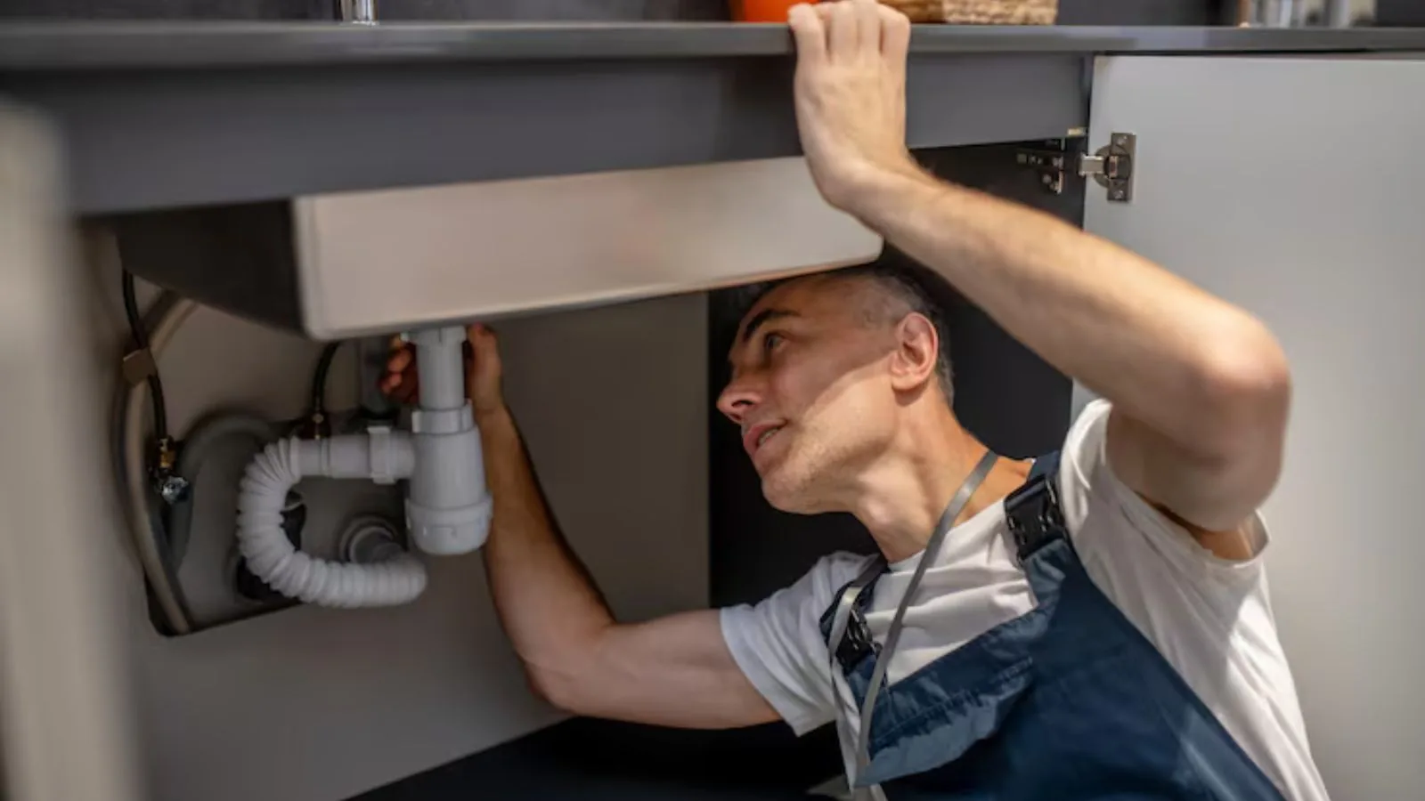 Plumber repairing a kitchen faucet