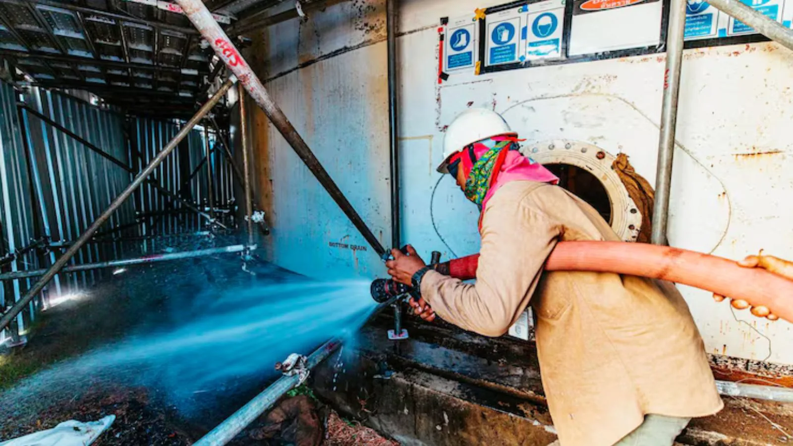 High-pressure water jetting equipment clearing a line