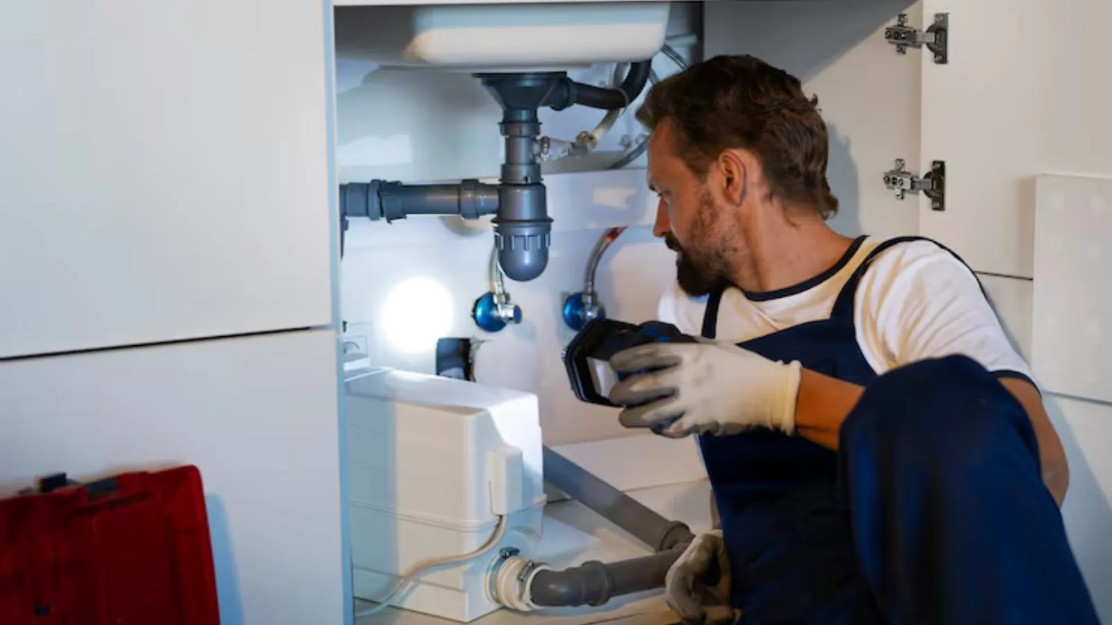 Plumber using leak detection equipment under a sink
