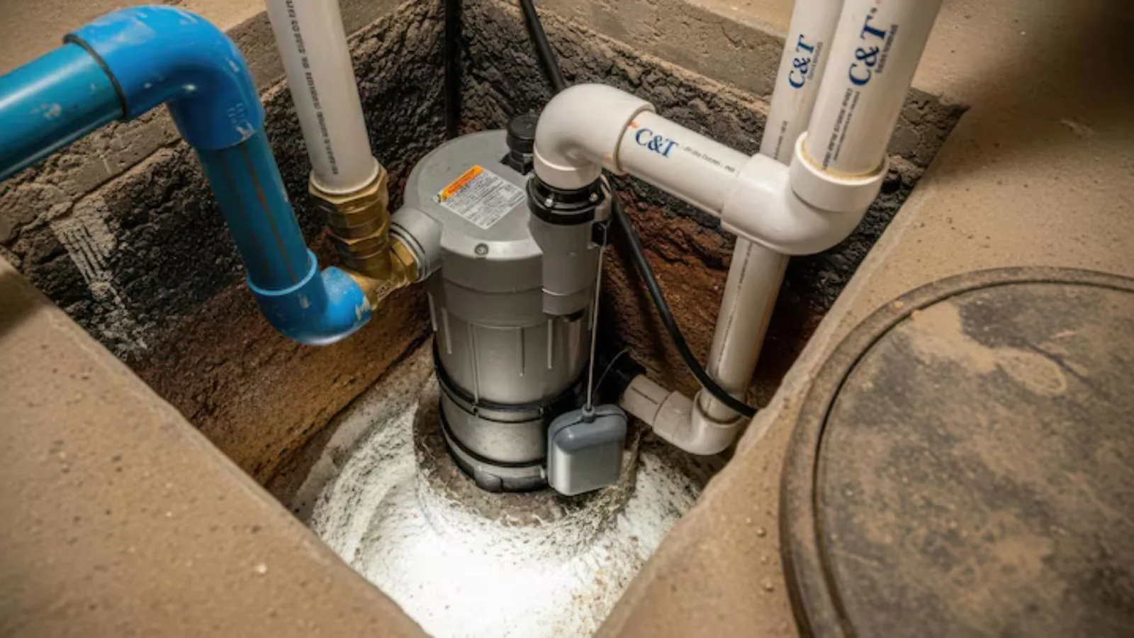 Sump pump installation in a basement pit