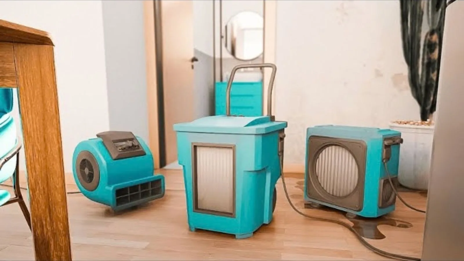 Water damage restoration and drying equipment in a home